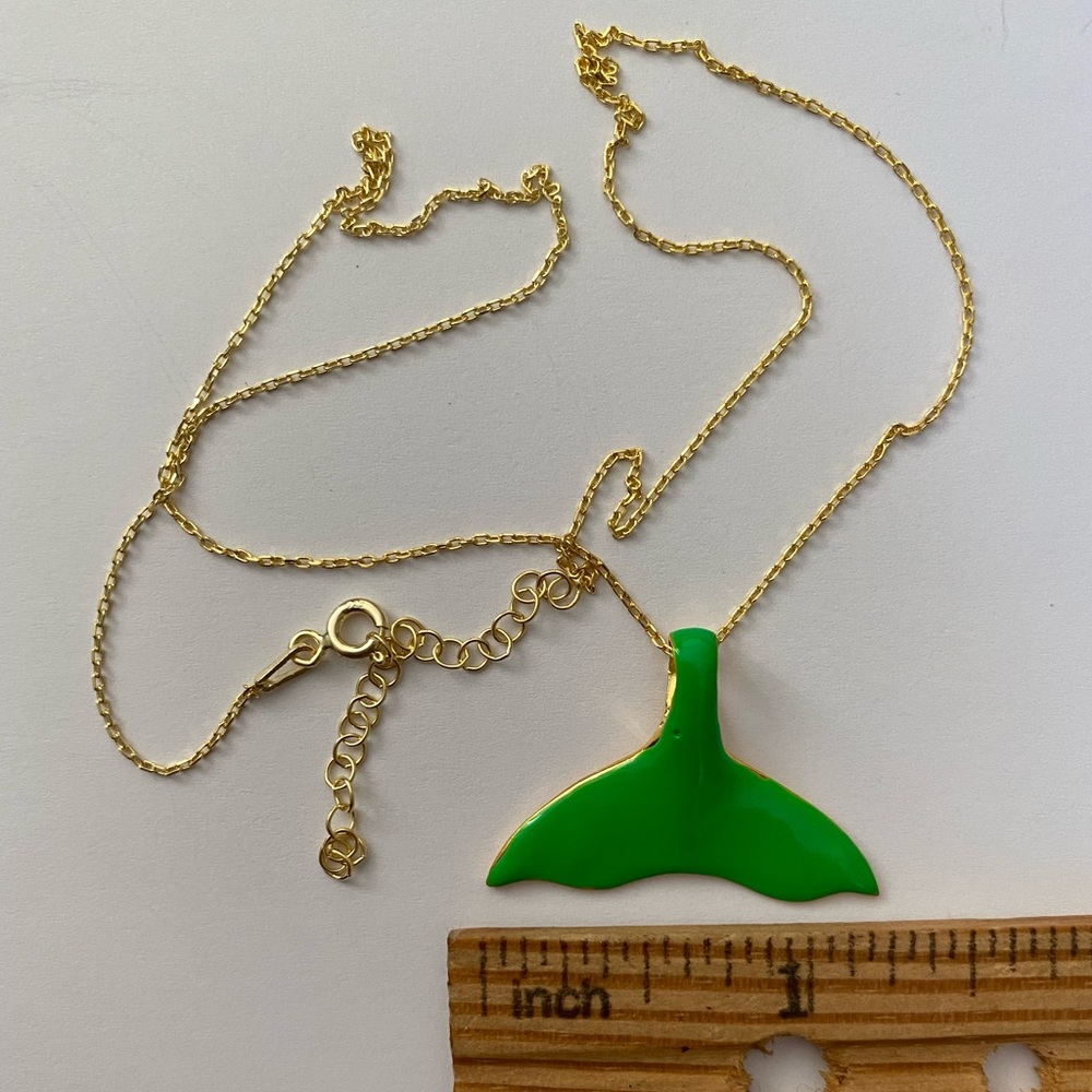 🧜‍♀️Mermaid tail 925 silver necklace hand made green enamel 18k gold plated - Picture 4 of 7
